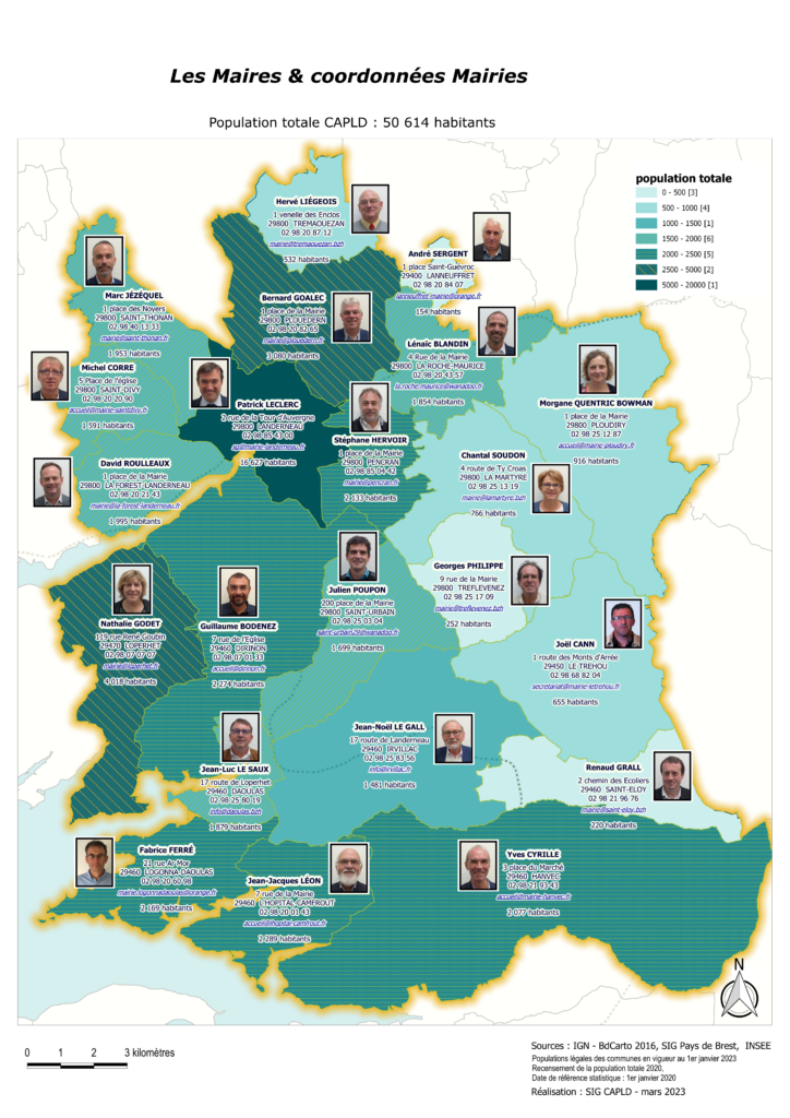 Carte des maires et coordonnees mairies pop totale 2023 A3
